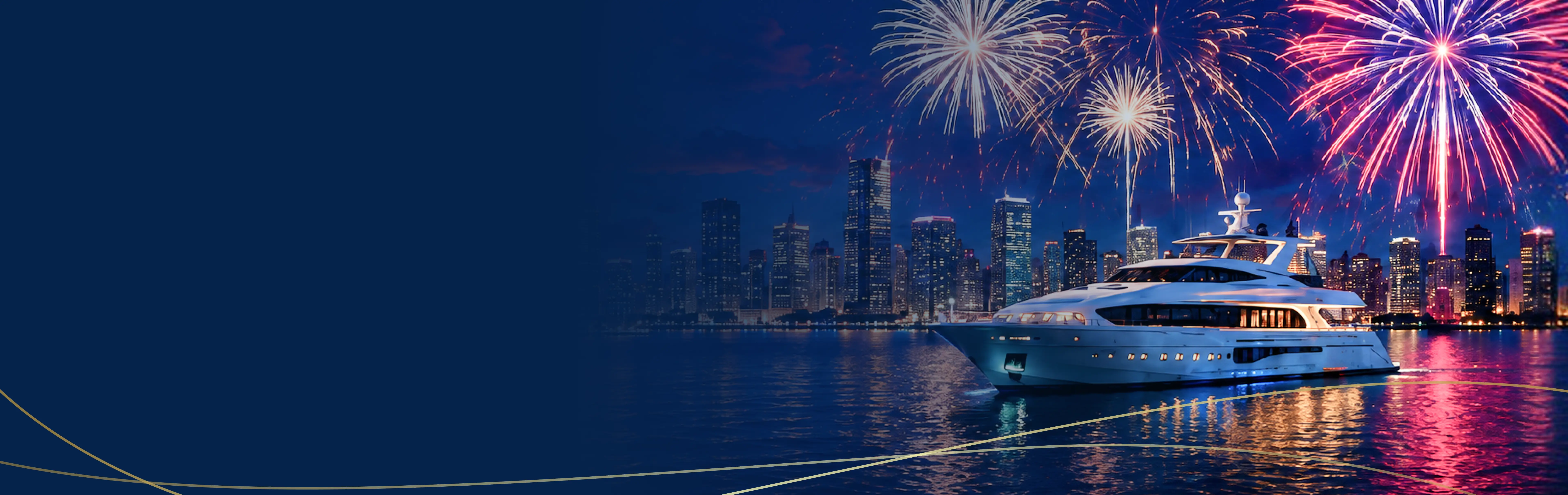 Luxury yacht with July 4th fireworks over the Miami skyline at night