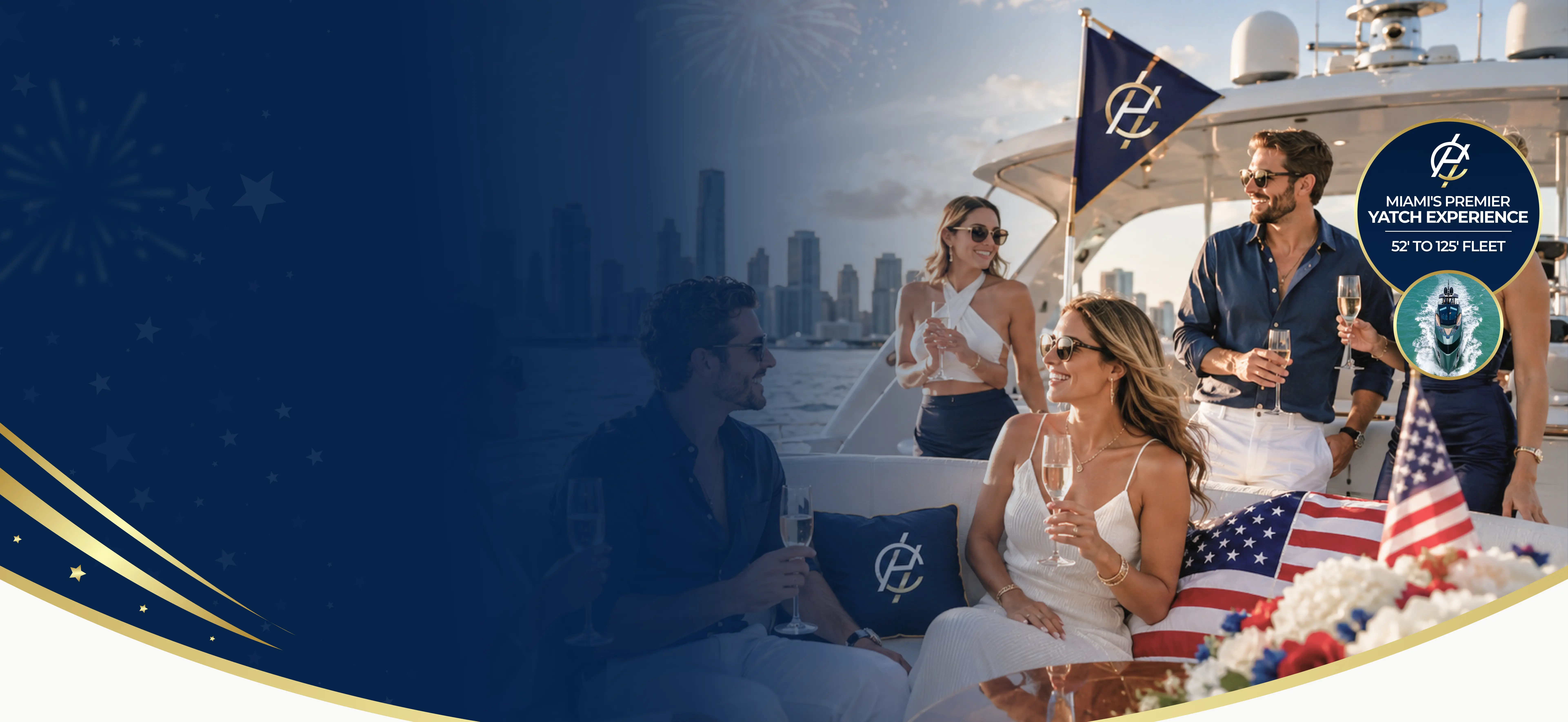 Guests celebrating July 4th aboard a Charter Heaven yacht on Biscayne Bay, Miami