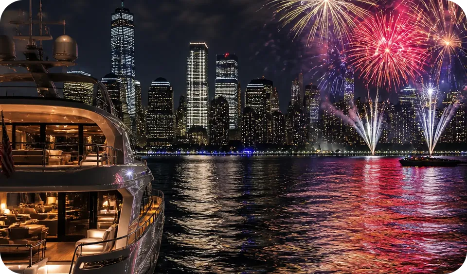 Yacht anchored by the city skyline as fireworks burst over the bay