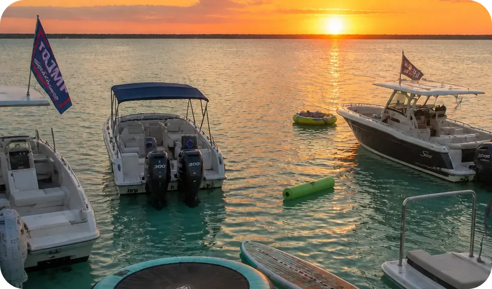 Boats rafted together at a sandbar before sundown with water toys out