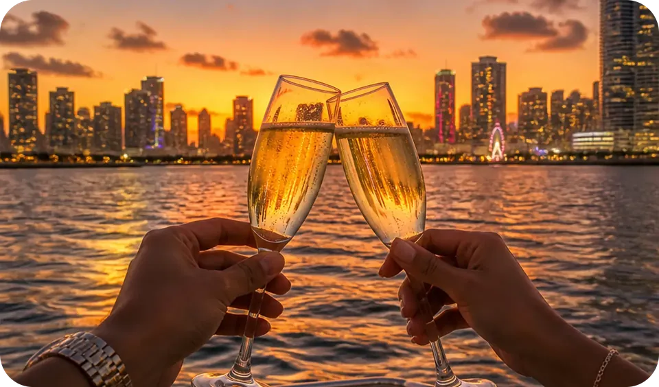 Two champagne glasses toasting at golden hour with the Miami skyline behind