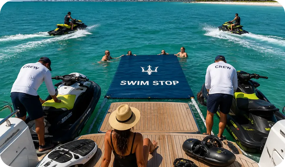 Jet skis and a floating swim mat off the back of the yacht